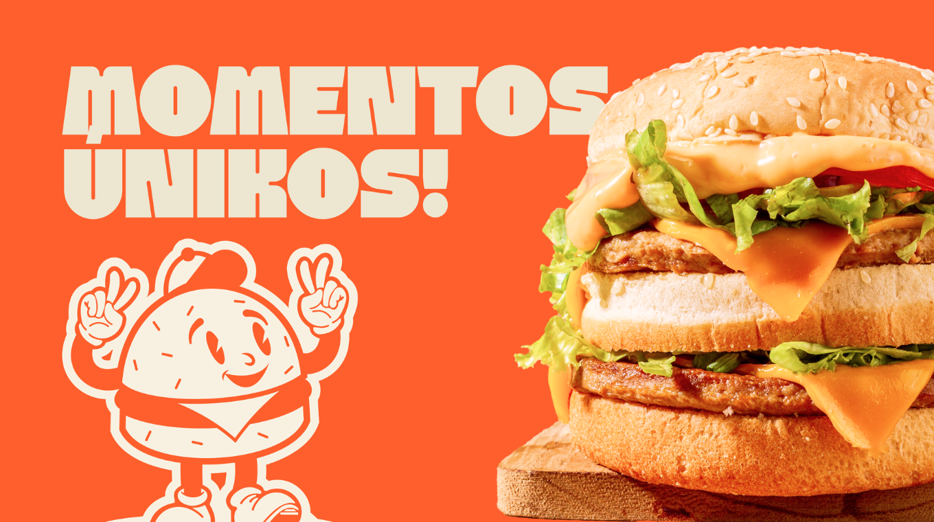 Arte promocional oficial da Únika com burger e identidade laranja